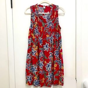 Old Navy | Pleated Split Neck Tassel “Woven Boho” Floral Swing Dress in Red